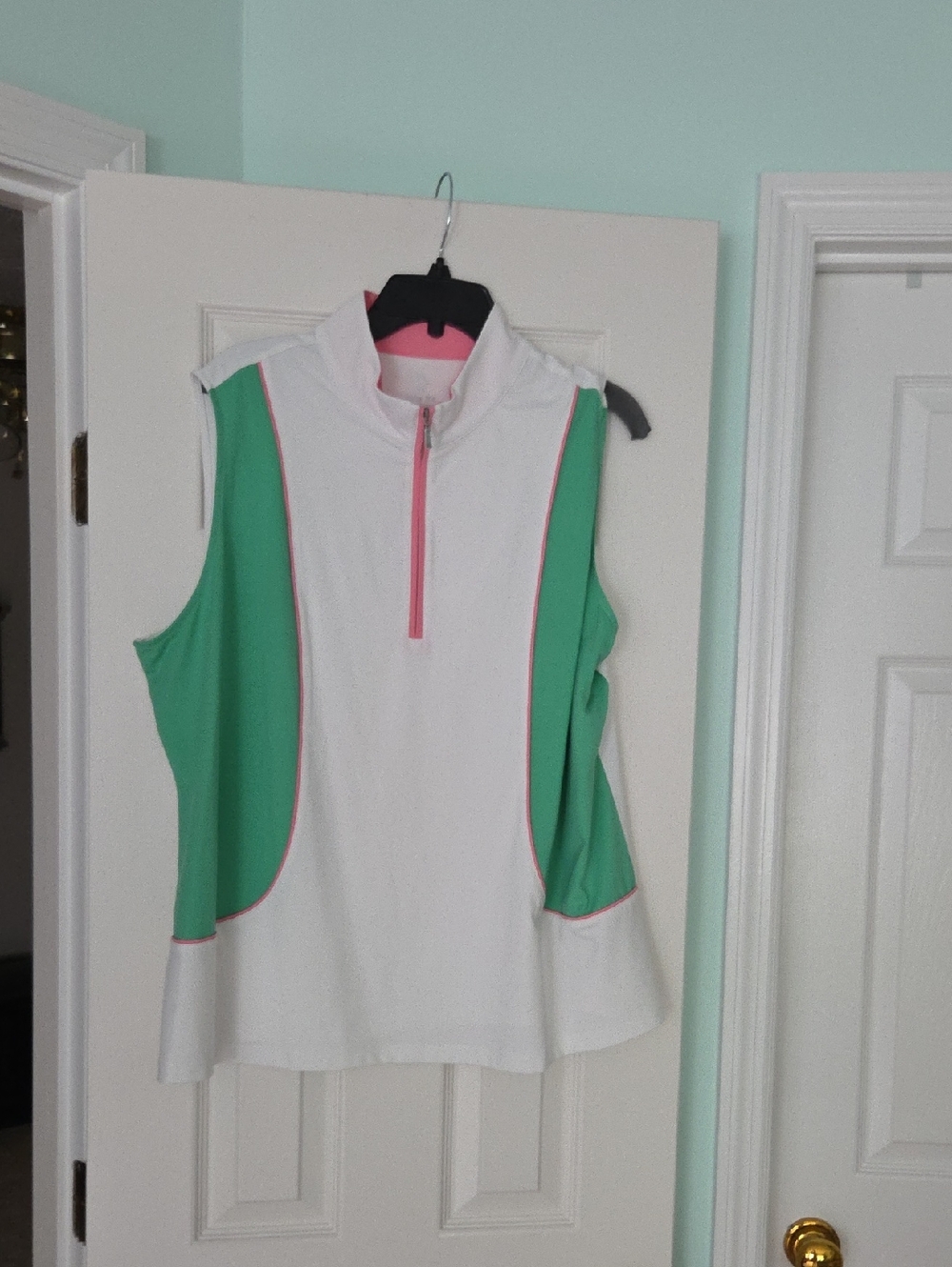 Ruby Rd. White Sleeveless Golf Top with Green Panels and Pink Trim